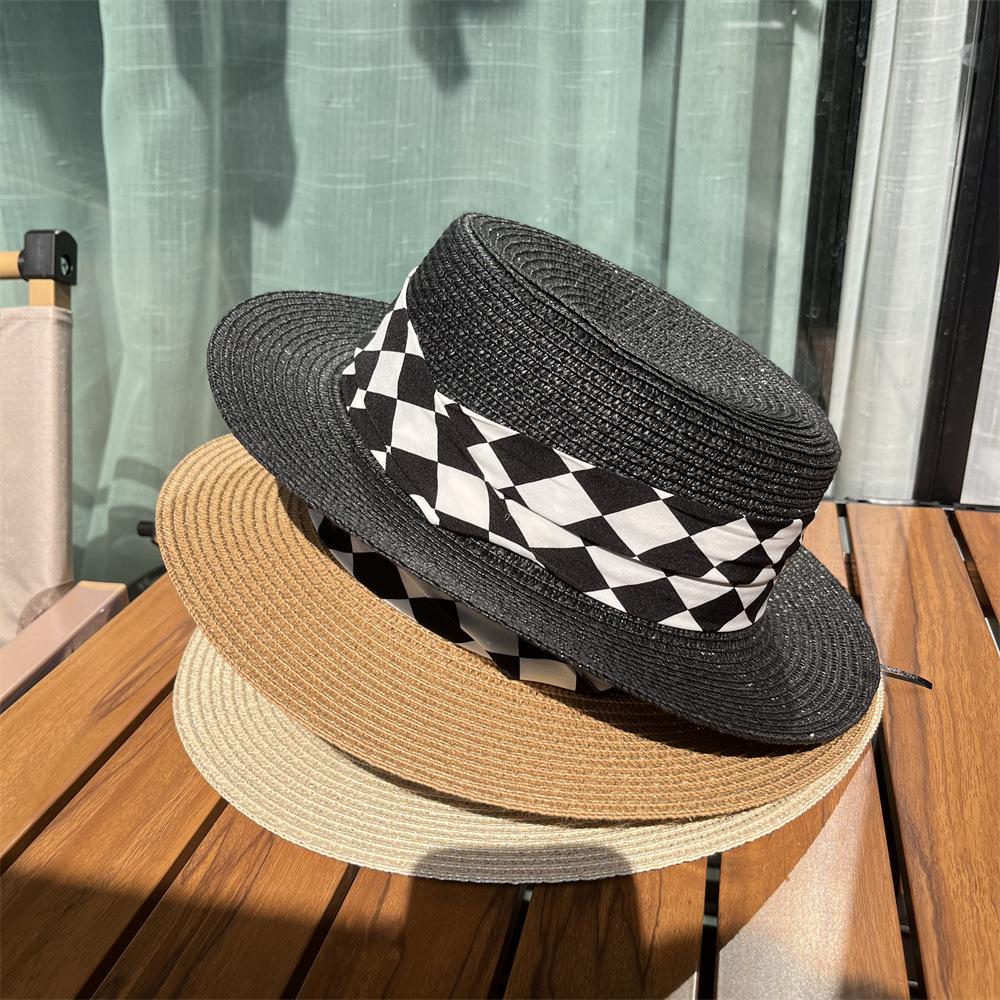 Hat Women's Summer Vacation Rhombus Top Hat British Vintage Sunshade Sunscreen Seaside Beach Straw Hat