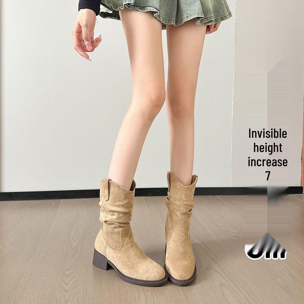 Women's Retro Hidden Heel Suede Mid-Calf Western Boots with Chunky Heel - 2025 Spring & Autumn Collection