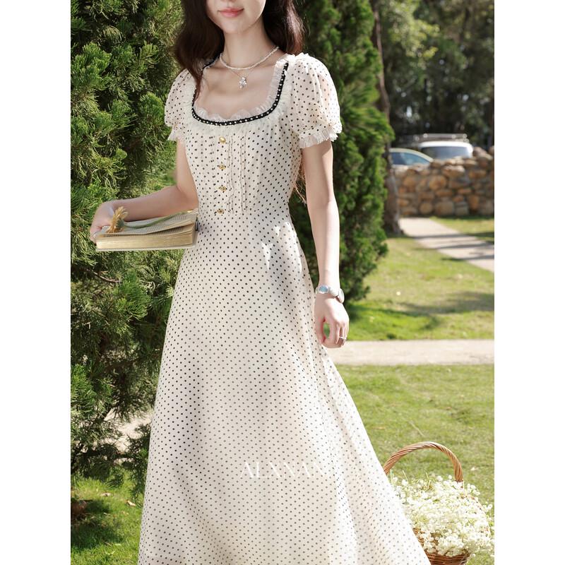 French Square Neck Apricot Polka Dot Maxi Dress L