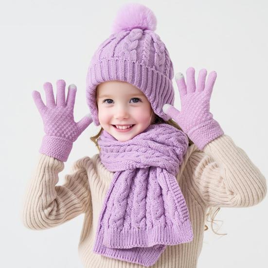 3Pcs/Set Kids Hat Scarf Glove Set Plush Ball Decor Twist Texture Knitting Hat Long Scarf Winter Gloves Set Winter Accessories