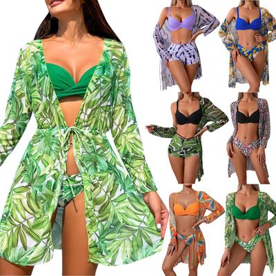 Women's Sexy Two-piece Swimsuit Solid Color Printed High Waist Swimsuit Cover-up Three-piece Set