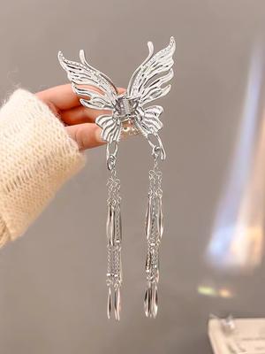 1 Pcs Butterfly Clips Hair Silver Hair Barrettes Fluttering Tassel Hair Accessories,Non Slip Cute Hair Claw Clip for Women Girls