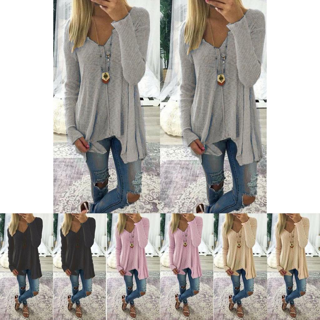 Elegante Plus Size Dames Blouse met Lange Mouwen, Losse Tuniek T-shirt met Wijde V-hals en Tasje