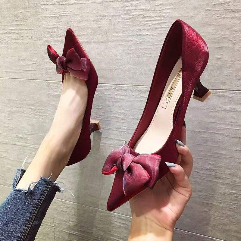 Wedding Shoes 25 New Red Low Heel High Heels Bridal Xiuhe Shoes Bow Pointed Thin Heel High Heel Single Shoes Women's Autumn