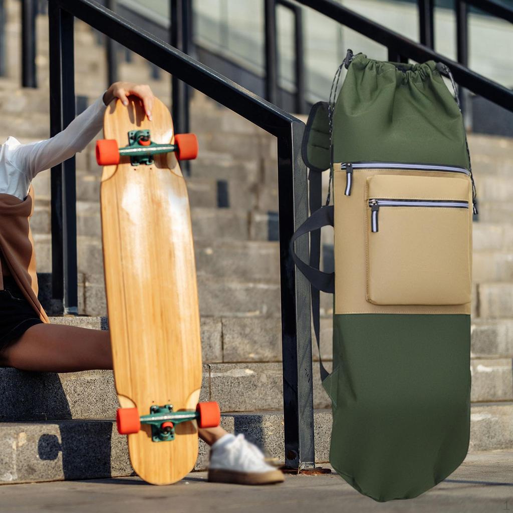 Skateboard Backpack Drawstring Closure Multifunctional Lightweight Longboard Carry Bag Organizer for