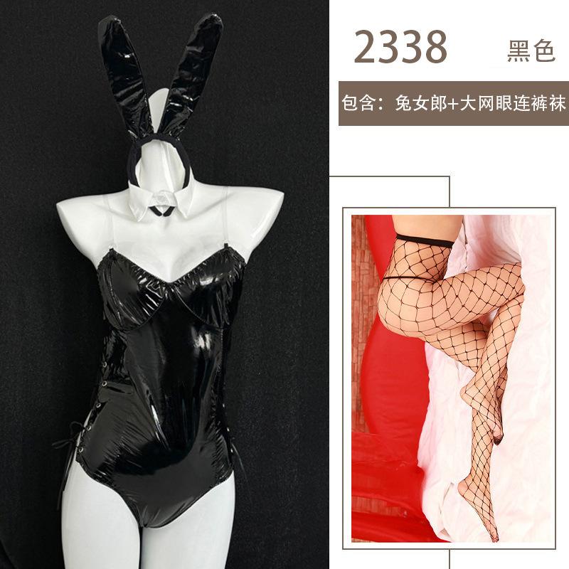 Sexy Sex Clothes Open Gear Free Sex Underwear Mirror Patent Leather One-piece Bunny Girl Nightclub Uniform Hidden Button