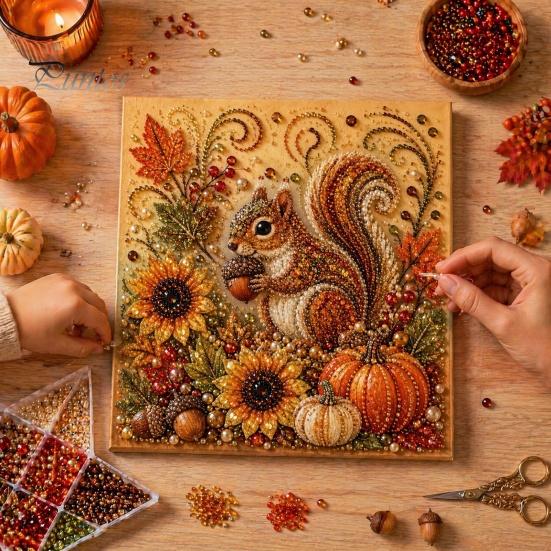 Thanksgiving Home Decor Autumn Faux Pearl Painting Kit, Fall Theme Art DIY Kit for Festive Seasonal Craft Kits Adults, Fox Pumpkin 3D Set Decor,