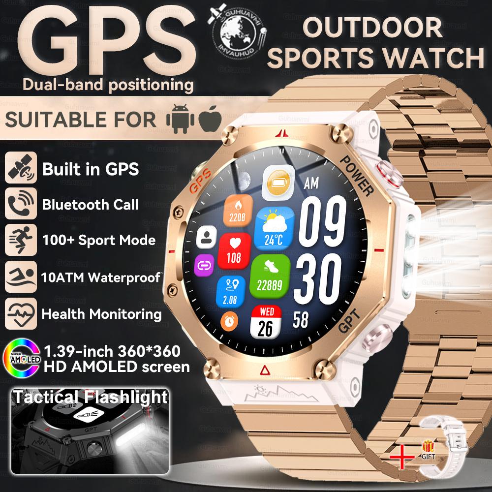 New Bulit-in GPS Outdoor Smart Watch Men Flashlight compass BT call Heart rate 10ATM Waterproof  Sports Smart watch