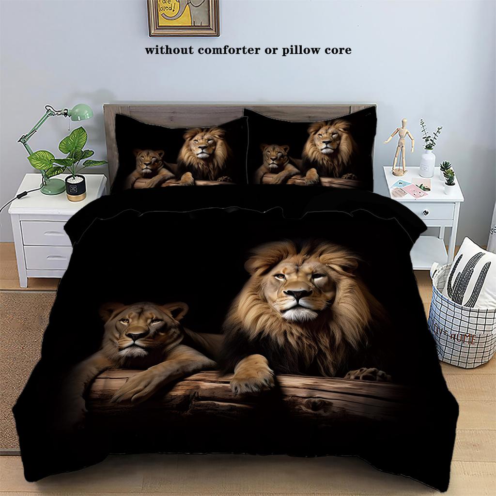 3 Pieces of Down Printed Duvet Cover Set with Lion Pattern (1 Duvet Cover+2 Pillowcases, Without Core), Soft Bedding