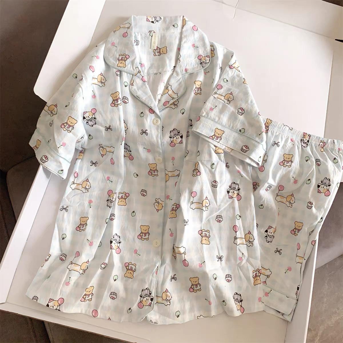 

New plaid balloon puppy pajamas women s summer short-sleeved shorts cardigan set soft cute girl loungewear S