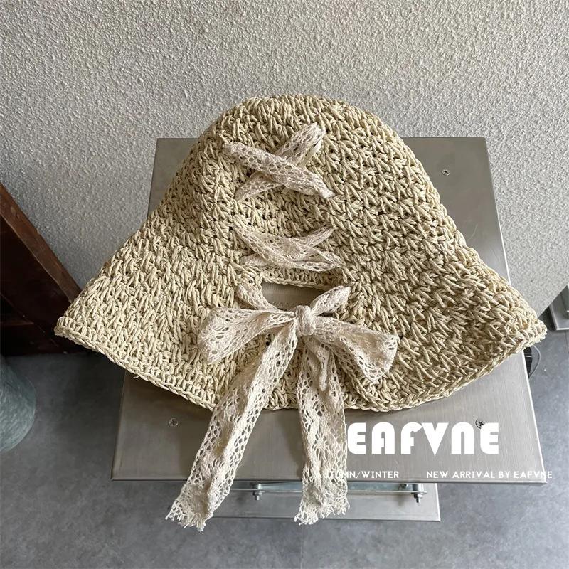 

2025 New Women s Braided Straw Fisherman Hat UPF50+ Breathable Summer Beach Vacation Sun Protection Wide Brim Adjustable 55-58CM бежевий