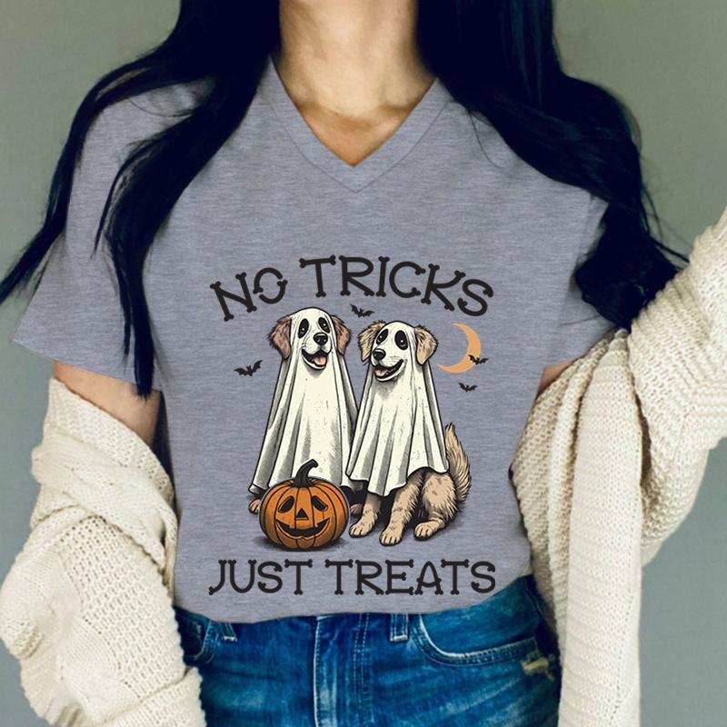 No Tricks Just Treats Graphic T Shirts Women Dog Lovers Gifts Halloween Ghost TShirt Vintage Pumpkin Halloween Ghost Tshirts