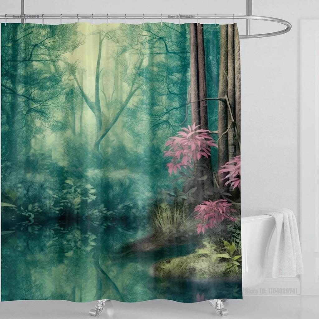 Mystical Forest Print Waterproof Shower Curtain - Stylish, Durable & Easy-Care Choice for Serene Nature-Inspired Bathroom Déco