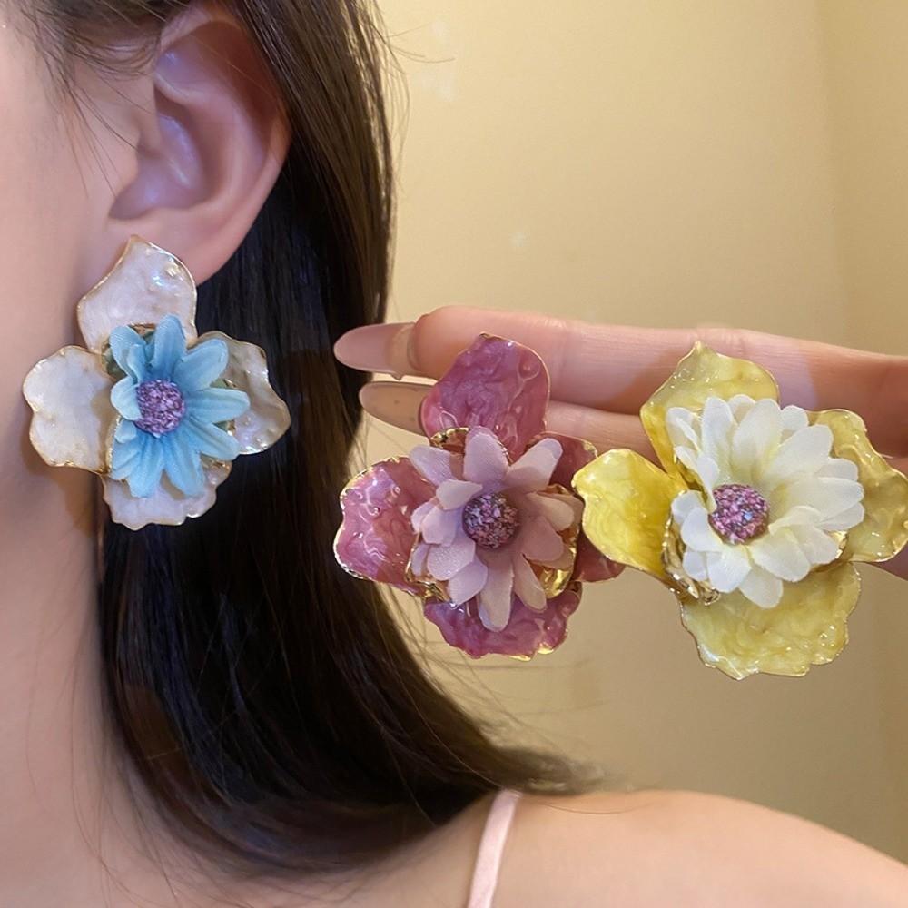 Oil Drip Colorful Flower Earrings Korean Style Floral Ear Studs Exaggerated Ear Pendant Daily