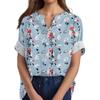 Women's Cotton Linen Round Neck Short Sleeve With Button Tops Printed T-shirt