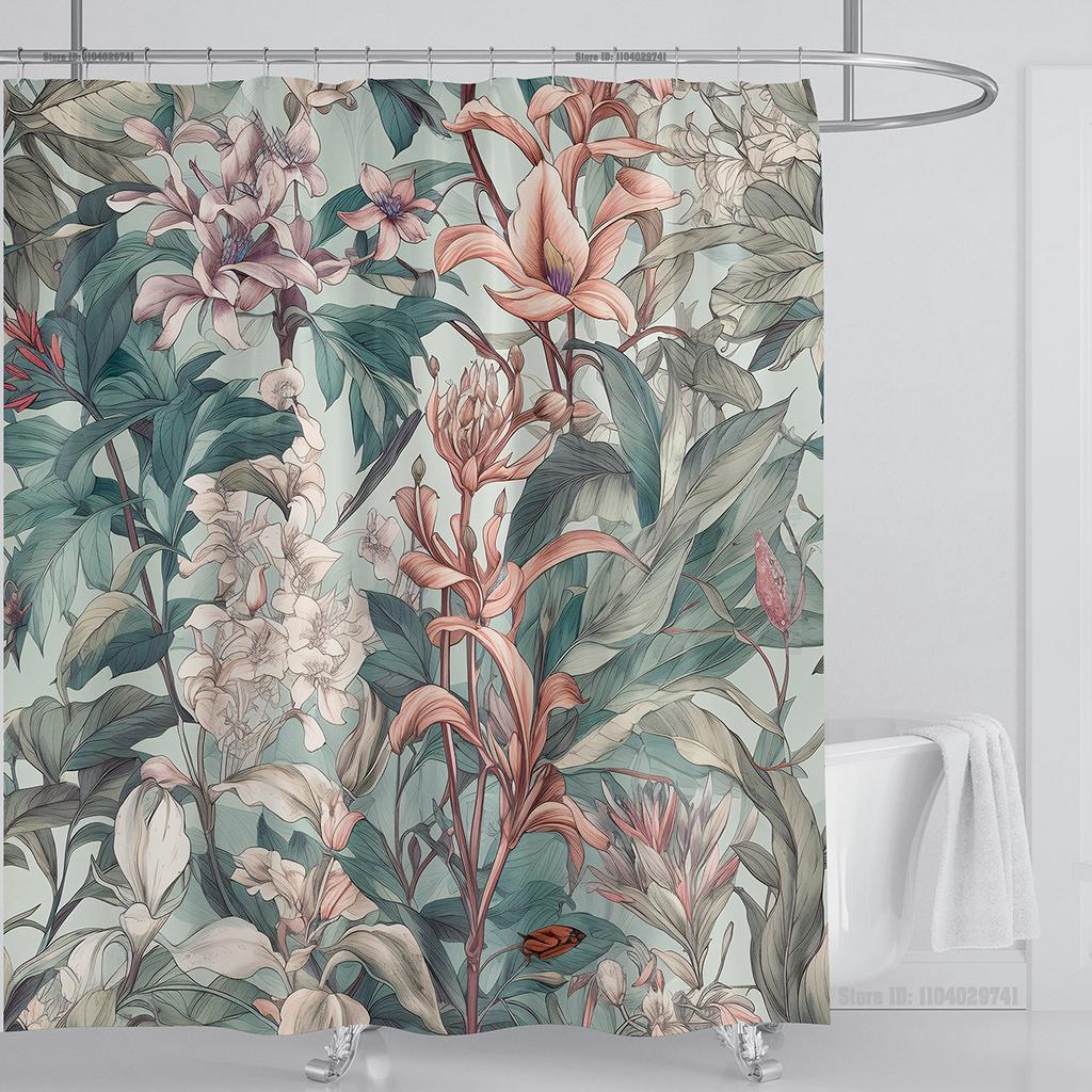 Aquatic Plants Floral Shower Curtain Waterproof Shower Curtain Polyester Fabric 3D Printed Curtain Bathroom Decoration With Hook