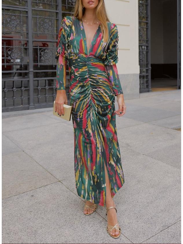 2025 Spring European & American Women's V-neck Print Pleated Dress