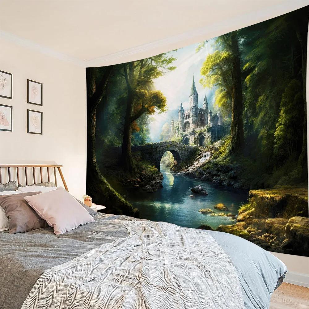 Dreamy Landscape Tapestry, Grassland Forest Wall Hanging Cloth, Living Room And Bedroom Background, Aesthetic Home Decoration