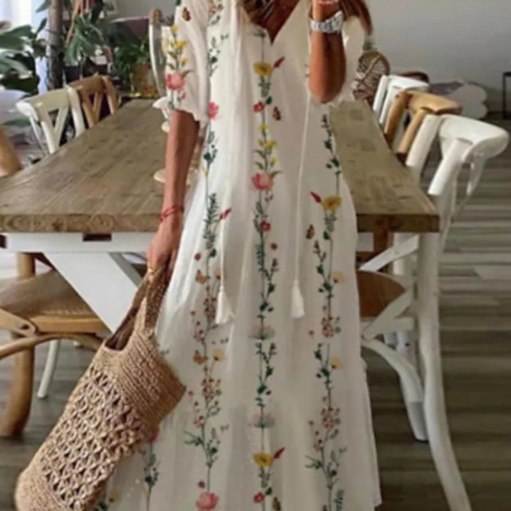 Summer Women V-neck Short Sleeved Long Dress Elegant Flower Printed Women's Loose Dress Bohemian Style Women's Clothing