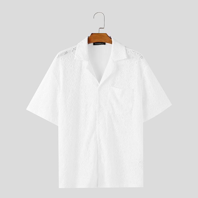 

INCERUN Summer Men Short Sleeves Front Lace Patchwork See Through Loose Shirts 2XL