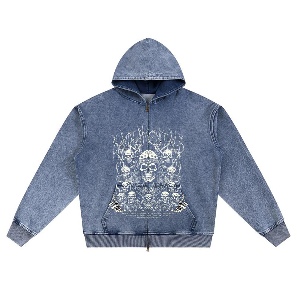 DTG Print Knitted Denim Zip-Up Hoodie Sacramentals Brother Print Zipper Hoodies  