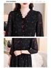 Floral Print Tie-Up Dress with Ruffle Lace for Mid-Age Moms - Long Sleeve, Over-the-Knee, Age-Reducing Design