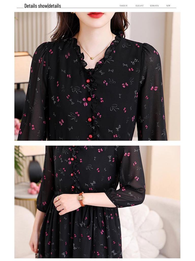 Floral Print Tie-Up Dress with Ruffle Lace for Mid-Age Moms - Long Sleeve, Over-the-Knee, Age-Reducing Design