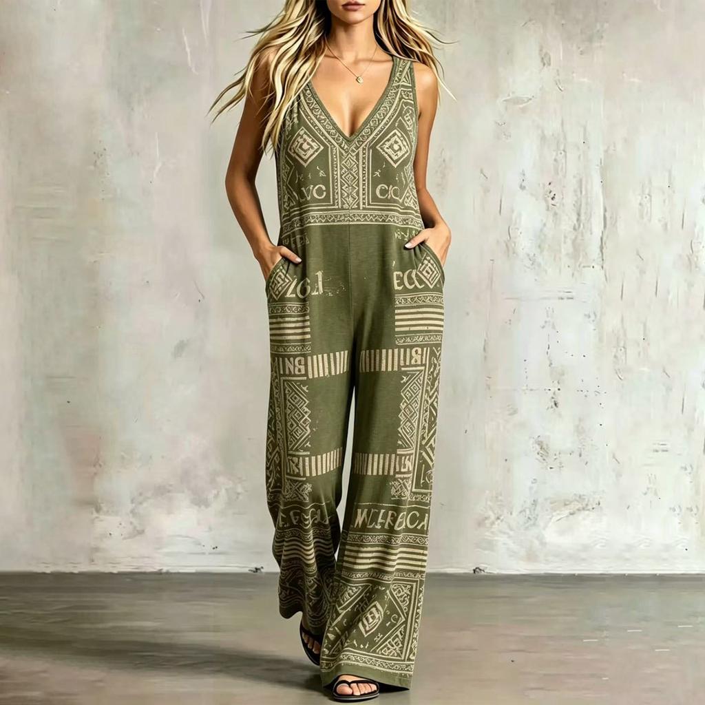Boho Print Ärmelloser Jumpsuit Weiter Bein Lockerer Sitz Einteiler Romper Sommerlich Lässig Strandmode