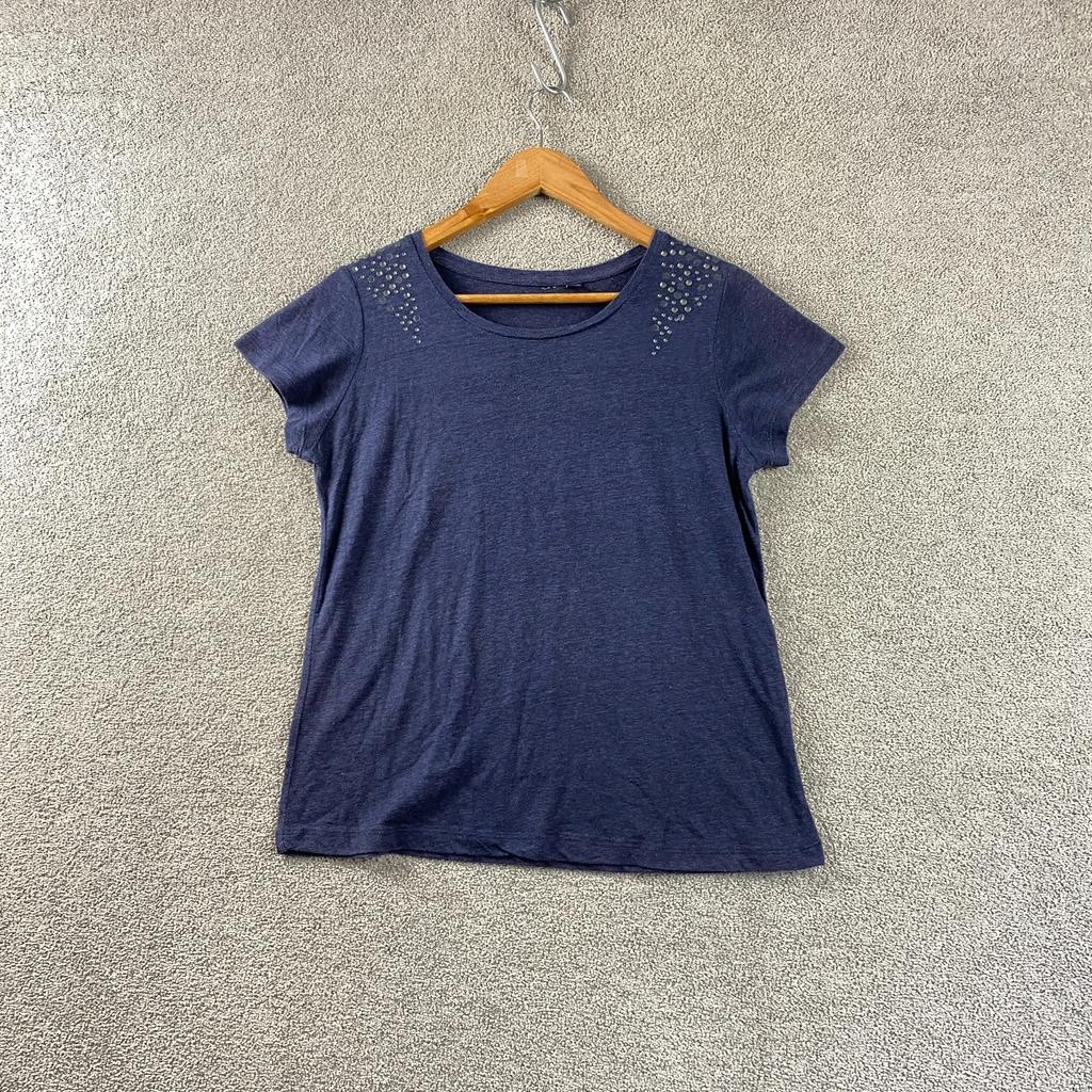 Y2K Top Womens Size 8 Short Sleeve Embellished Navy Vlue Stretchy T Shirt