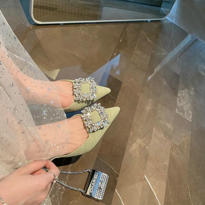Fashion Square Buckle Rhinestone Pointed Shallow Mouth Single Shoes Women'S High Heel Thin Bun Head Back Empty Strap Sandals