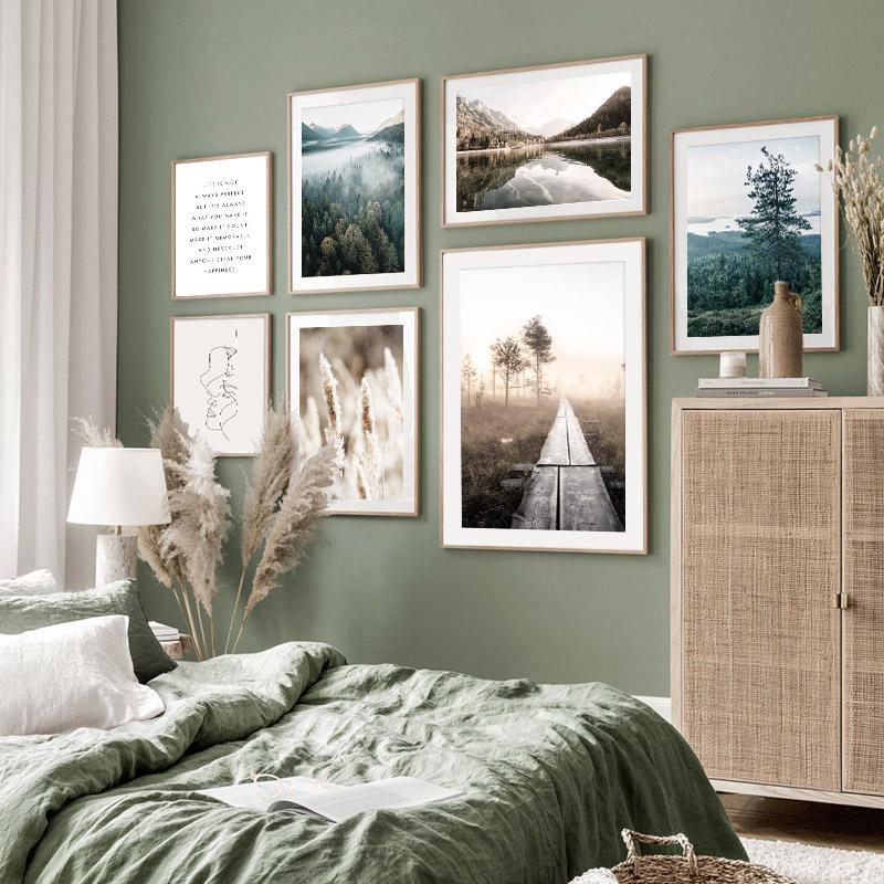 Pintura sobre Lienzo Paisaje Amanecer Atardecer Otoño Bosque Escandinavo Naturaleza Escenario Póster Impresión Arte Nórdico Decoración Cuadro de Pared