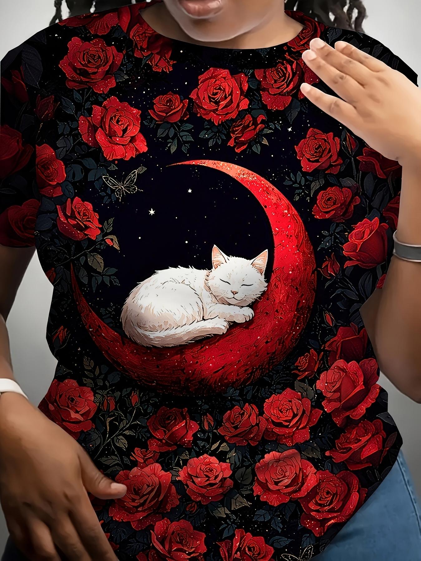 

Women s Red Rose Moon Cat Starry Sky T-Shirt - Loose Fit Round Neck Short Sleeve Blouse Suitable for Daily Wear. Casual Outfits. Layering. Machine Was M