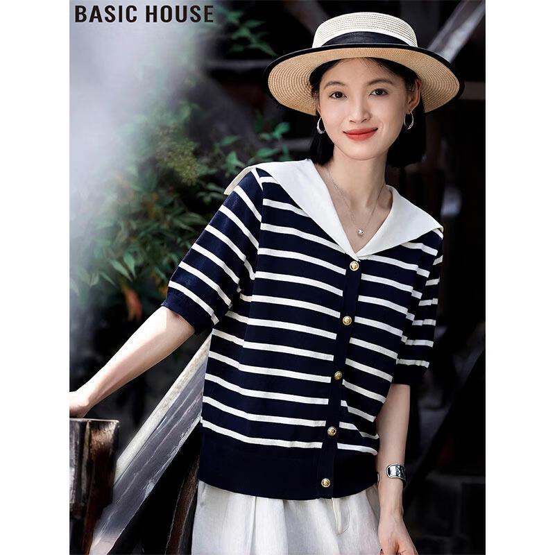 Basic House Women s Striped Knitted Short Sleeve T-Shirt M