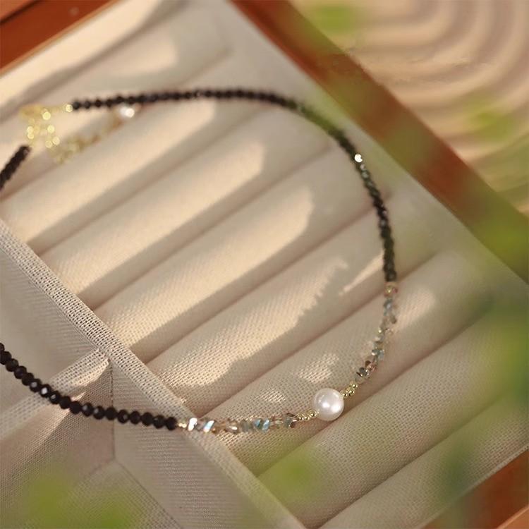 Shijia Pearl Necklace Female Summer Sweet Crystal Beaded Necklace Niche Design Light Luxury Black Crystal Clavicle Chain