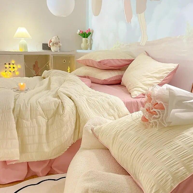 Sommerkühlende dünne Steppdecke, Bettlaken mit Kissenbezügen, 4-teilig, leichte Bettdecke, Bettröcke, Bettwäscheset, Tagesdecke, Heimtextilien