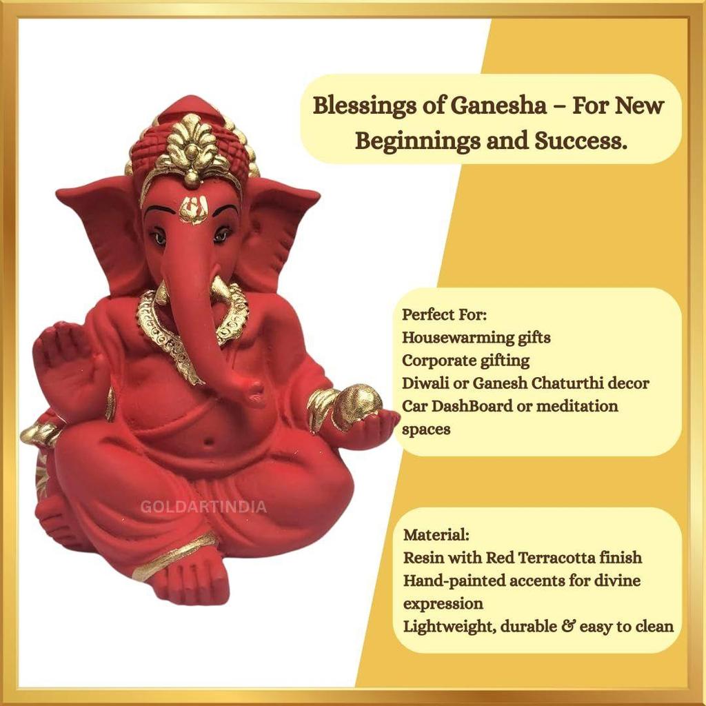 Terracotta Red Gaddi Ganesha for Car Dashboard Home Decor Gifting Diwali Birthday Festivals
