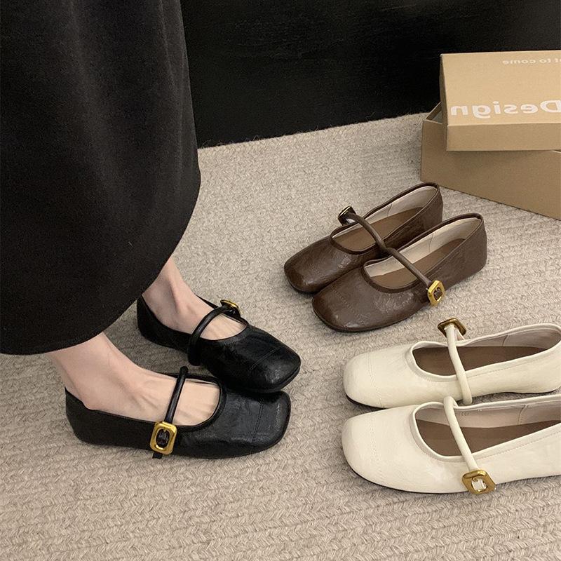 Black French Retro Square Head Light Mouth Flat Sole Shoes Women's Small Fragrant Mary Jane Shoes