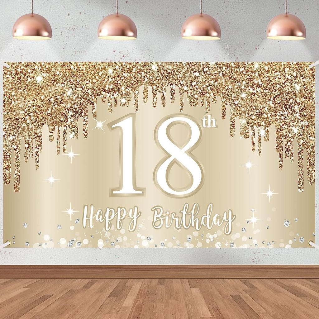 Gold White Happy Birthday Banner Decorations for Women Girls, Gold Glitter Happy Birthday Backdrop Party Supplies, 16th 18th 21st 30th 40th 50th 60th