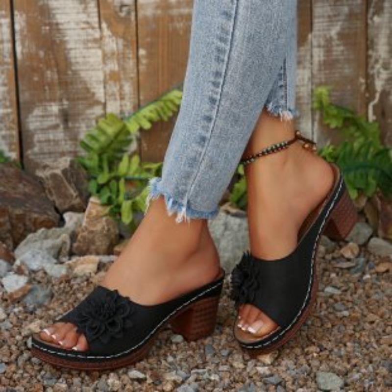 Women's Peep Toe Floral High Heel Sandals, Summer Beach Slip-On Shoes, Plus Size Fashion Footwear