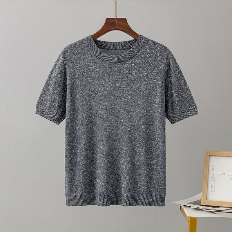 Pletená trička Jednobarevná Kulatý výstřih Krátký rukáv pro ženy Volné pulovrové topy Retro styl Stylové dámské Lesklé ledové hedvábí Šifonové halenky Košile