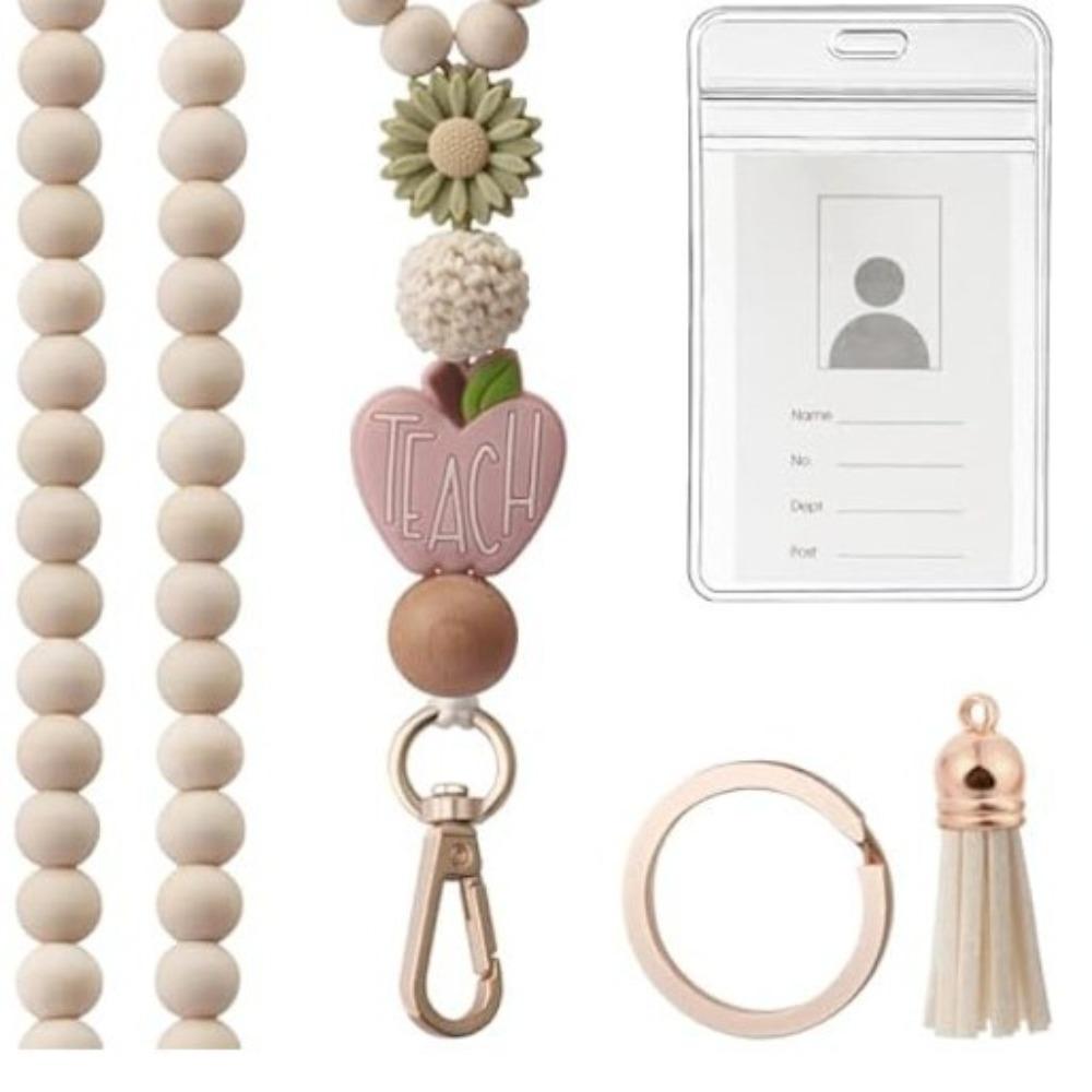 Wood Teacher Lanyard Pink Daisy Beads ID Holder Strap Fashion String for ID Badges  Keys