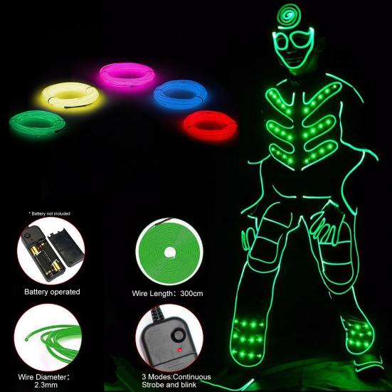 LED Glow Cable Luminous Car Decoration 300cm Halloween Neon EL Wire DIY Clothing for Christmas