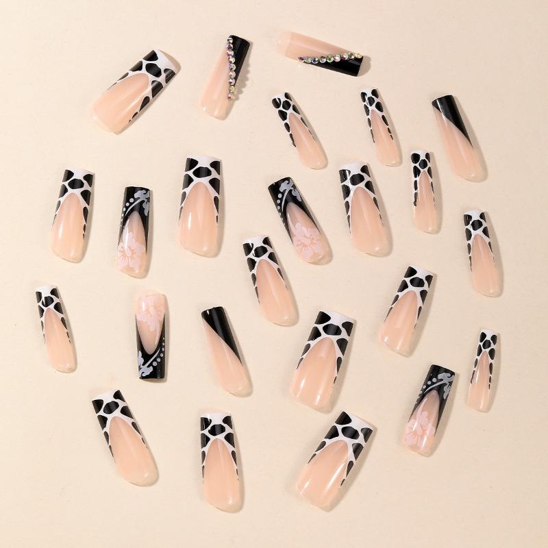 Wear-on nails with European and American long hoses, slanted French leopard print floral diamond-studded removable fake nails, nail patches, nails