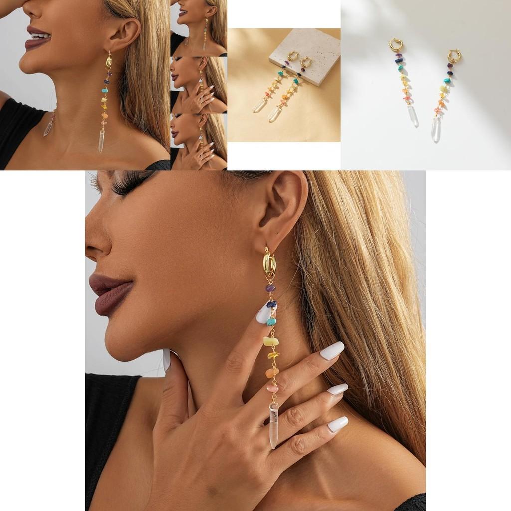 Stylish European And American Fashion Colorful Irregular Natural Stone Earrings For Women Long Geometric Drop Earrings