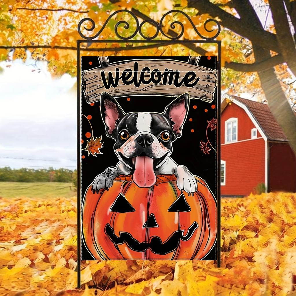 Welcome Halloween Garden Flag - 1pc, Cute French Bulldog with Smiling Jack-O-Lantern Polyester Flag, Double-Sided Festive Yard Decoration, Maple Leaf
