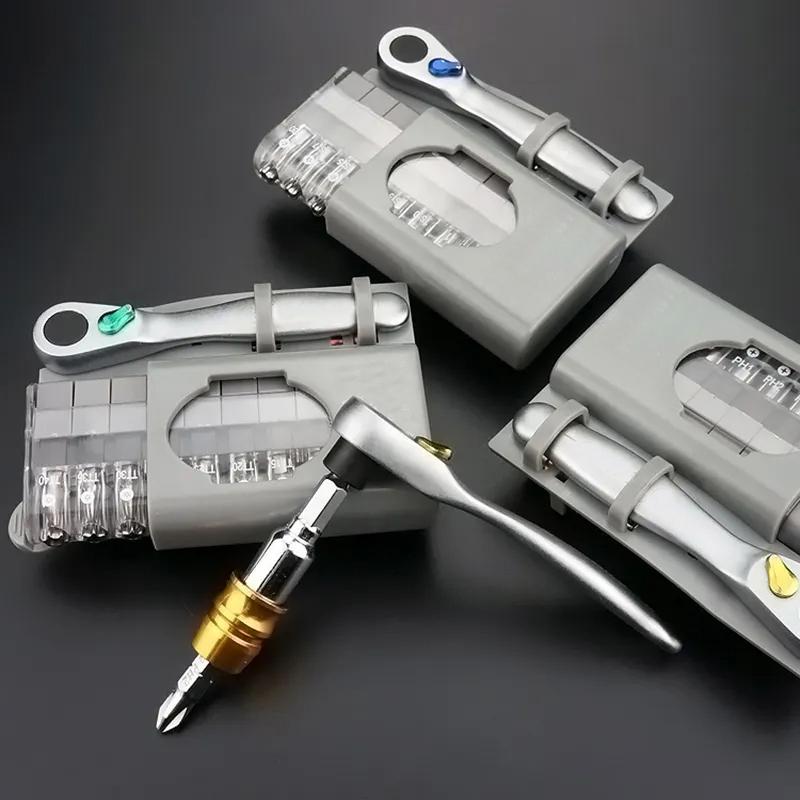 Multi-Functional Mini Ratchet Wrench Screwdriver Bit Set with Slotted & Phillips Tips for DIY Workshop Woodworking