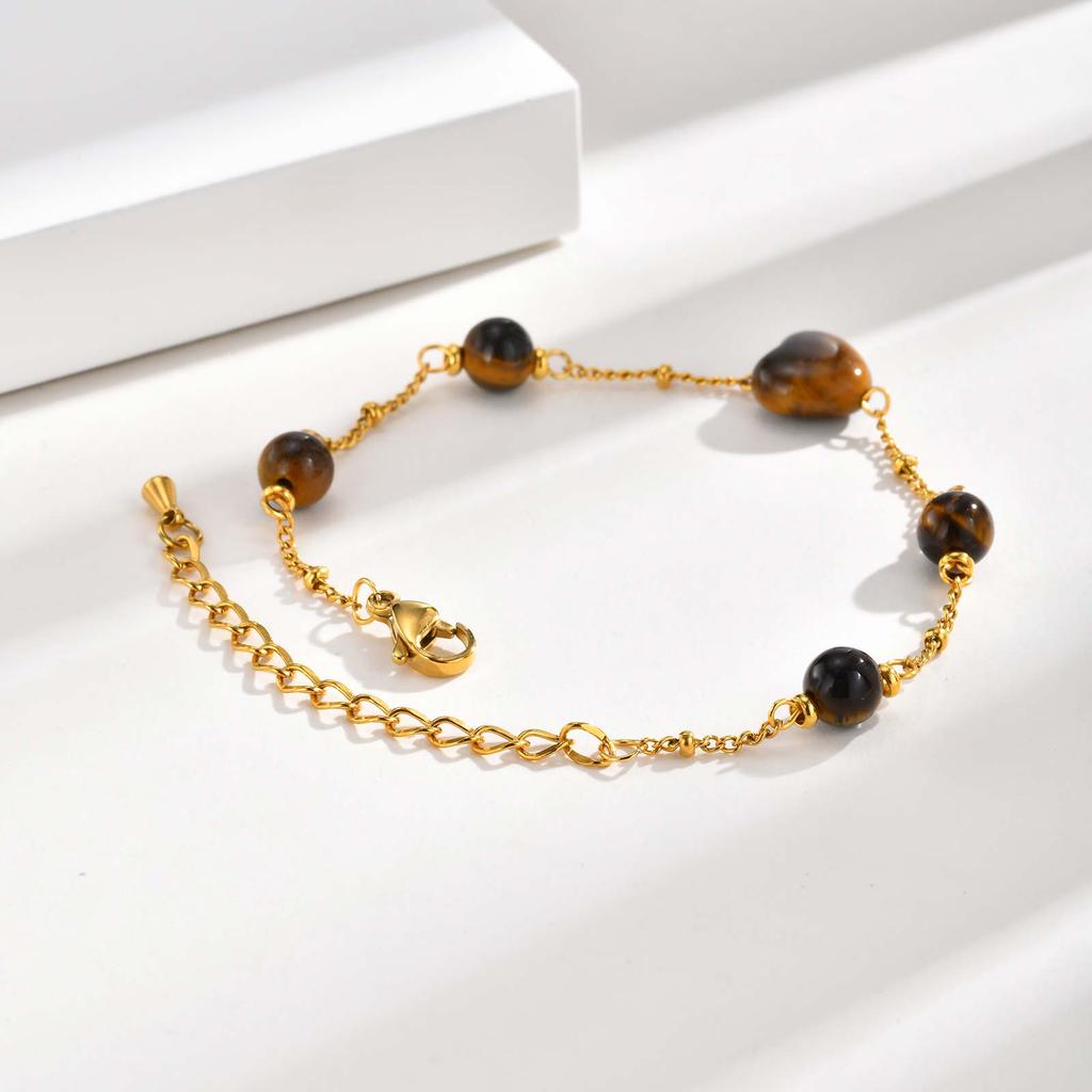 Heart-shaped Tiger Eye Natural Stone Charm Bracelet for Women, Stainless Steel Link Chain Waterproof Gold Plated Jewelry Gift
