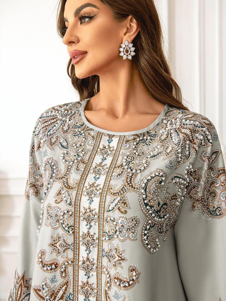 High-Density Beaded Print Muslim Abaya Dress