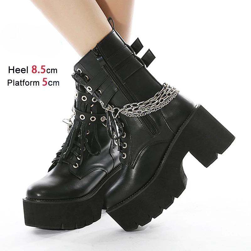 Autumn Winter Chain Punk Woman Trend Belt Buckle Gothic Black Side Zipper 8.5CM Chunk Heel Mid calf Everyday Use