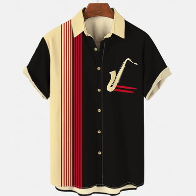 Men's Shirt Button Down Summer New Hawaiian Shirt Saxophone 3d Printed Loose Short Sleeved Classic Beach Party Shirt Tops